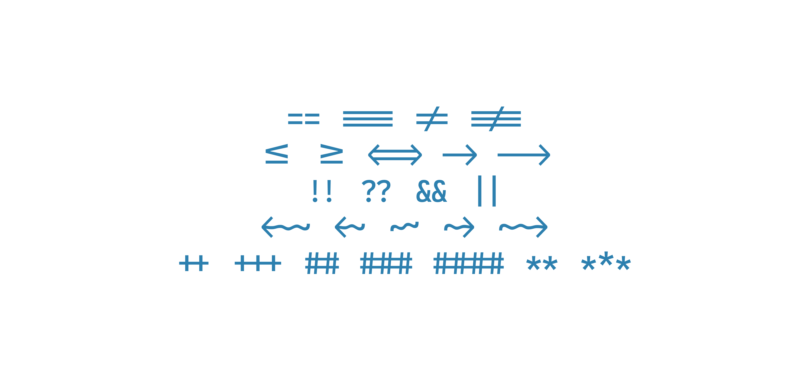 <strong>Fig 12</strong>: Cascadia supports a wide range of coding ligatures, some of them are similar to those in Fira Code.