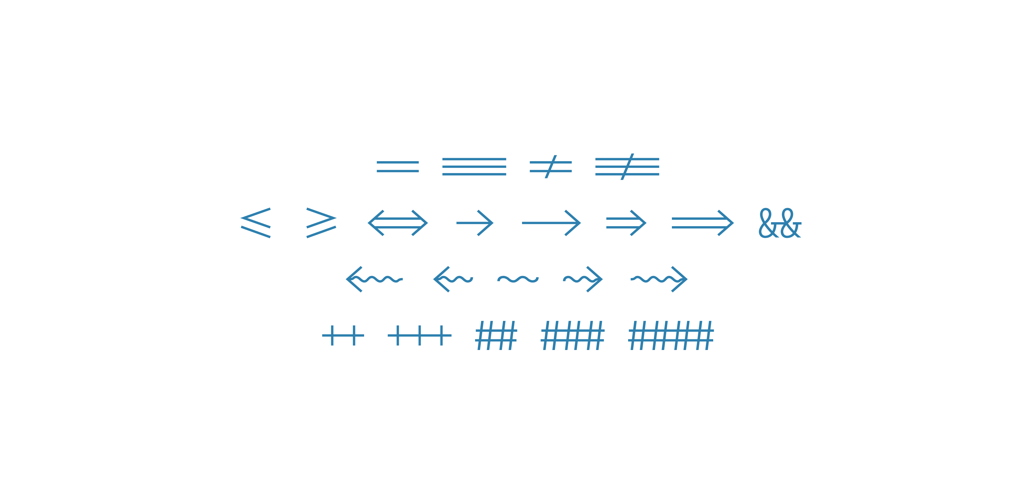 <strong>Fig 17</strong>: Victor Mono has a nice range of common coding ligatures and they look great.